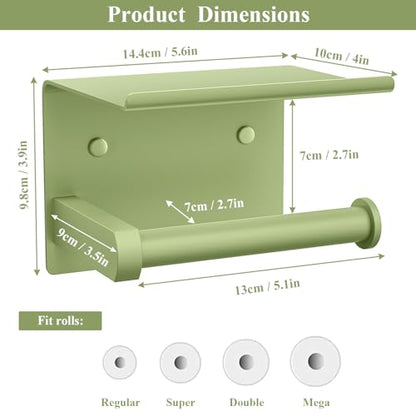Tindbea Toilet Paper Holder with Shelf Adhesive or Screw Wall Mounted Toilet Paper Roll Dispenser Storage, Stainless Steel Bathroom Shelf Holder Accessories (Soft Sage Green) - color: L-soft Sage Green