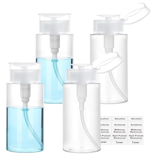 Push Down Pump Dispenser, 3.4oz Clear Pump Bottles with Alcohol, Acetone, Nail Polish Remover, Makeup Remover, Toner Stickers Empty Push Top Container for Liquid (100ml-4Pack) - size: 100ml-4pack