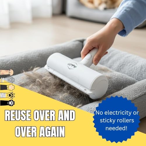 Pet Hair Remover Roller Reusable Lint Roller for Dog & Cat Hair – Fur Remover for Couch, Furniture, Carpet, Car Seats & Clothes – Portable Manual Pet Hair Cleaning Brush (White) - color: White