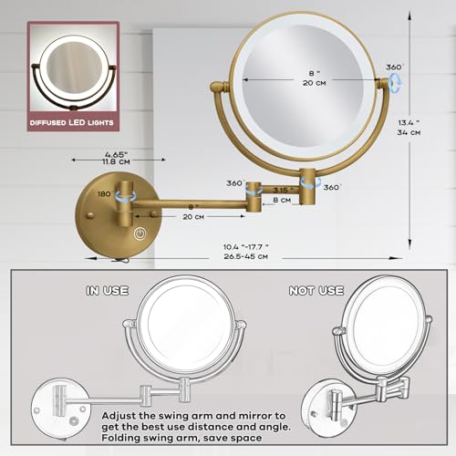 Brass Wall Mounted Makeup Mirror with Lights and Magnification, Rechargeable Lighted Magnifying Mirror Wall Mount with 1X and 5X, Brushed Antique Brass Bathroom Arts Ware - color: Brushed Antique Brass
