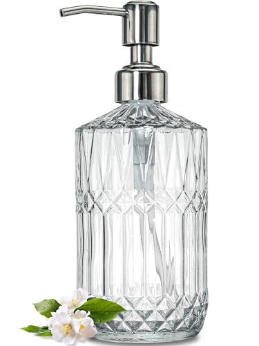 JASAI 18 Oz Embossed Clear Glass Soap Dispenser with Rust Proof Pump, Refillable Dish soap Dispenser for Kitchen, Premium Bathroom Soap Dispenser for Hand soap, Lotion (Clear). - color: Clear-silver Pump, style: Dazzle