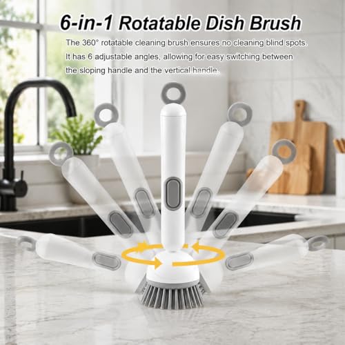 360° Rotating Dish Brush with Soap Dispenser, Kitchen Scrubber for Pots, Pans and Sink Cleaning