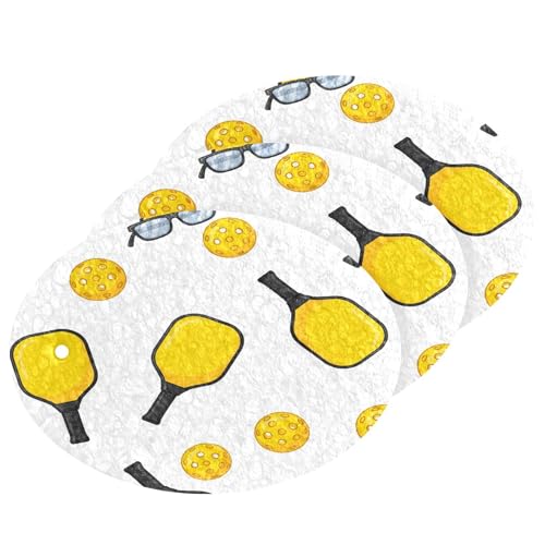 Pickleball Paddles Balls Yellow Dish Scrub Sponges Kitchen Non Scratch Reusable Compressed Cellulose Sponge Hanging for Household Cleaning Washing Dishes Pots and Pans 3 Pack - color: Pattern2