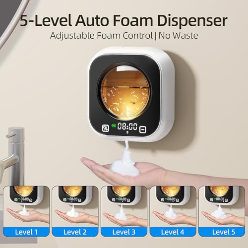 Automatic Soap Dispenser Touchless, Wall Mount Foam Hand Soap Dispenser, 5 Adjustable Foam Levels, Rechargeable 120-Day Battery, IPX5 Waterproof LED Clock for Bathroom Kitchen Sink 320ML (White) - color: Foam White