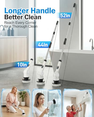 Electric Spin Scrubber, 3-Speed Cordless Shower Scrubber with 90° Adjustable & 10 Replaceable Brush Heads, 90 Mins Runtime & Full-Body IPX7 Waterproof Shower Cleaner Brush with Long Handle