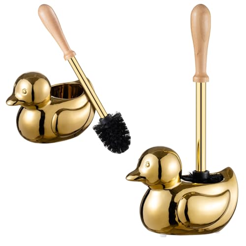 Gold Toilet Brush and Holder Set - Wooden & Stainless SteelHandle Gold Toilet Bowl Brush and Holder with Replaceable Head- Dense Bristles for Thorough Cleaning,Duck Design for Bath Decor Storage