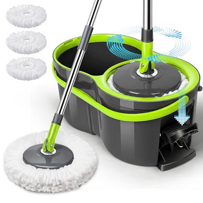 Spin Mop Bucket System,Masthome Pedal Spin Mop and Bucket with Wringer Set,EasyWring Microfiber Mop with 3 Mop Pads,360°Spinning Floor Cleaning System - Home & Office Suitable - color: Green+dark Grey
