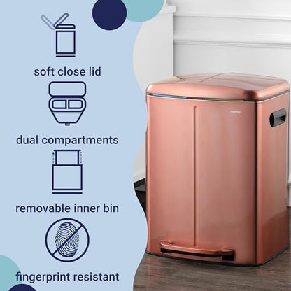 happimess HPM1005D Marco Rectangular 10.6-Gallon Double Bucket Trash Can with Soft-Close Lid, Rose Gold, Fingerprint Resistant, Modern, Minimalistic for Home, Kitchen, Office, Bedroom, Bathroom - color: Rose Gold