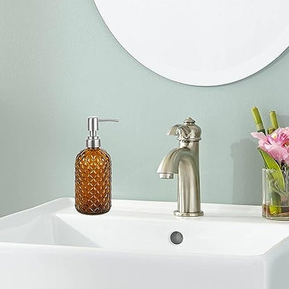 16 oz Diamond Pattern Glass Soap Dispenser, Kitchen and Bathroom Refillable Soap Dispenser with Rust Resistant Stainless Steel Pump for Hand Soap, Lotion Glass Liquid Dispenser(Amber) - color: Amber