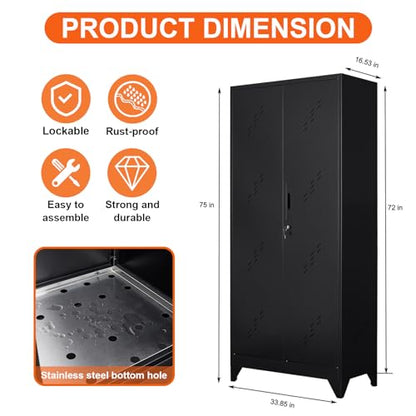 75" Metal Garage Storage Cabinet, Cleaning Tool Storage Cabinet, Utility Garage Storage Broom Closet with Doors, Hanging Rod (Black, Door-2)