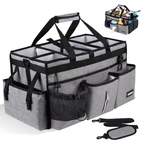 Extra Large Cleaning Caddy Bag with Rigid Support Board, Cleaning Organizer Tote with Detachable Divider, Adjustable Shoulder Strap & Waist Belt, Cleaning Supply Carrier for Cleaners & Housekeepers | Portable - color: Light Gray, size: Extra-Large