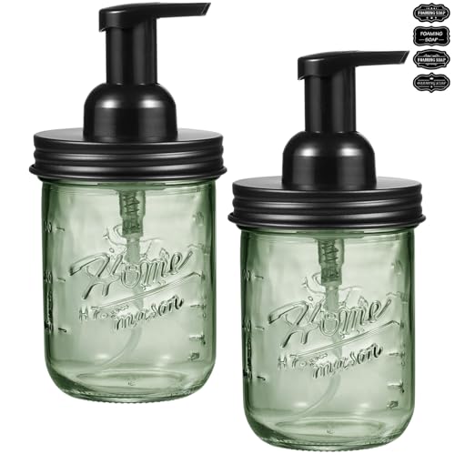 SheeChung Mason Jar Foaming Soap Dispenser, Stainless Steel Lid, BPA Free Pump, Green Glass Foam Hand Soap Dispenser, 16 Oz Refillable Liquid Foam Dispenser Bottle for Bathroom Kitchen-Black, 2 Pack - color: Wide Mouth, Black-2 Pack