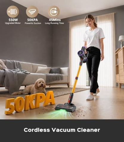 Cordless Stick Vacuum Cleaner: 550W 50KPA 45Mins with Powerful Suction, Self-Standing Lightweight Wireless Rechargeable Handheld Vacuum with Touch Screen for Home Pet Hair/Carpets/Floors