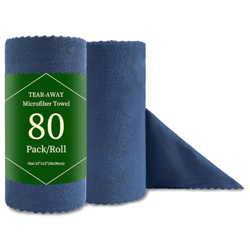 Jessy Home 80 Pack Microfiber Cleaning Cloth Roll Reusable Paper Towels 12"x12" Tear Away Cloth, Microfiber Towels for Cars, Wash Cloths, Lint Free Rags for House,Kitchen,Window,Cleaning Supplies - color: Navy Blue
