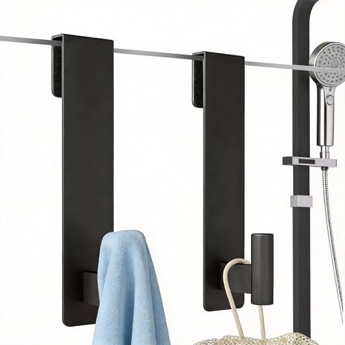 Shower Door Hooks, 7.5 Inch Extended Towel Hooks for Bathroom, Towel Hooks for Shower Glass Door Frameless fit for 3/8" (10mm) Thick, Stainless Steel Towel Hanger, Black, 2 Pack