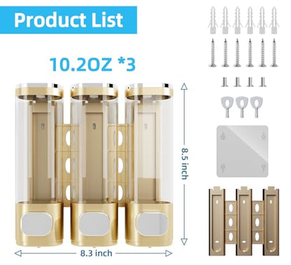 VITVITI Shampoo and Conditioner Dispenser for Shower Wall, Shower Soap Dispenser 3 Chamber No Drill Wall Mounted, 10.2 OZ Plastic Refillable Shower/Body Wash Bottles for Bathroom (Glod) - color: Gold