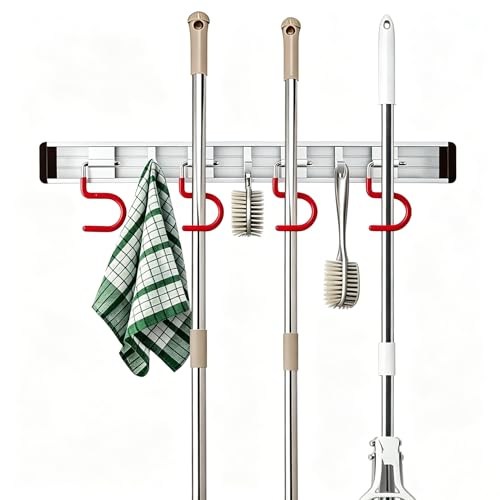 Wall Mounted Mop and Broom Holder Stainless Steel S Type Broom Rack Anti-Slip Mop Organizer (17 Inches,4 Positions 3 Hooks, Red White) - size: Red White-17inch