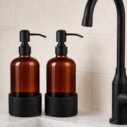 16 oz Hand and Dish Soap Dispenser Set for Kitchen and Bathroom, 500ml Amber Glass Soap Dispenser with Stainless Steel Pump, Non-Slip Silicone Sleeves, Labels - 2 Pack - color: Amber