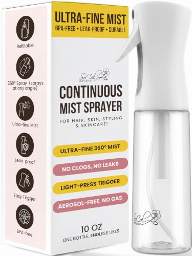 Continuous Spray Bottle for Hair – Slim Design - Fine Mist Water Sprayer for Hairstyling, Curly Hair – Refillable Mister Bottle with 360 Spray – Travel Size Hair Water Bottle
