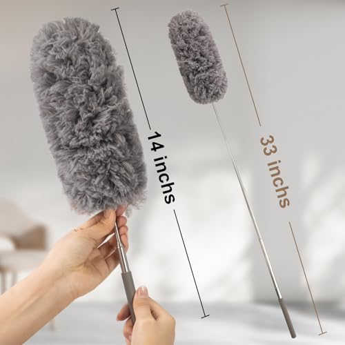 Microfiber Feather Duster Extendable Duster with 14"-33" Extra Stainless Steel Pole, Bendable Head & Long Handle Dusters for Cleaning Ceiling Fan,Ceiling, Blinds, Furniture & Cars Gray