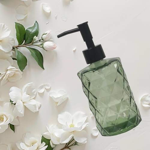 12Oz Small Glass Soap Dispenser with Black Plastic Pump, Green Refillable Kitchen Countertop Liquid Hand Soap Dispensers with Diamond Design, Crystal Bathroom Lotion Bottle for Dispense Dish Soap - color: Green Diamond