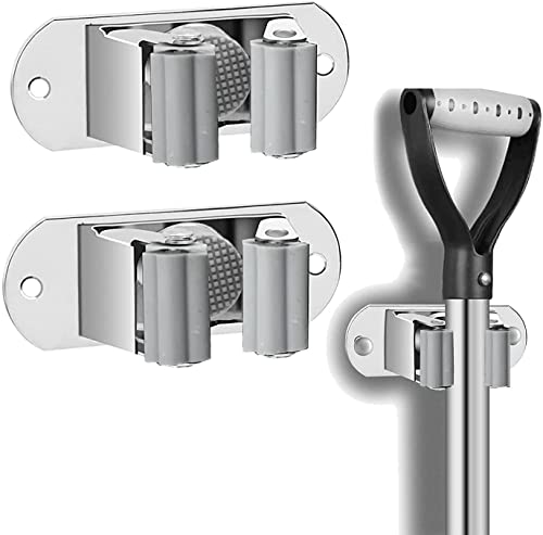 GROVENT® 2 PCS Mop and Broom Holder Wall Mount Heavy Duty Stainless Steel Broom Holder Wall Mounted Broom Organizer Home Garden Garage Storage Rack-Multi (Black)