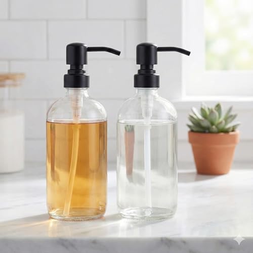 2 Pack Thick Clear Glass Pint Jar Soap Dispenser with Matte Black Stainless Steel Pump, 16ounce Clear Boston Round Bottles Dispenser with Rustproof Pump for Essential Oil, Lotion Soap - color: Matte Black
