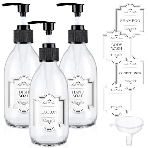 8 oz Clear Glass Pump Bottle, 250ml Small Lotion Dispenser Bottle for Body Massage Oil, Refillable Empty Hand and Dish Soap Dispensers Set with Labels - 3 Pack - color: Clear
