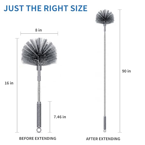 Cobweb Duster with Extension Pole, Upgraded Heavy Duty Thickened Stainless Steel Telescopic Handle for High Ceilings & Ceiling Fans, 90" Total Reach (15.7" Compact), Medium Stiff Bristles (Grey) - color: Gray