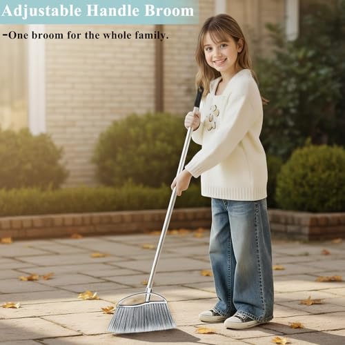 Stand Up Metal Dustpan & Stiff Bristle Broom Set–Heavy Duty for Yard, Patio | No-bend stand up design / Heavy duty metal dustpan with teeth / 4-layer stiff Bristle broom / For outdoor floor sweeping