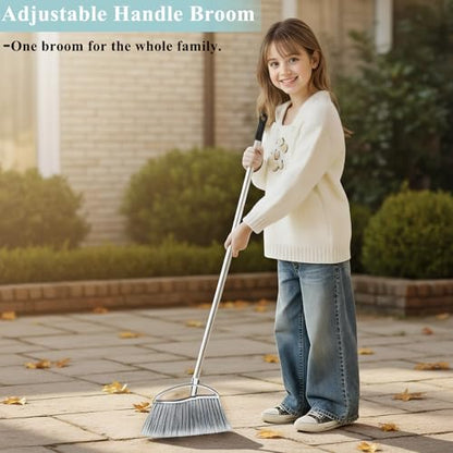 Stand Up Metal Dustpan & Stiff Bristle Broom Set–Heavy Duty for Yard, Patio | No-bend stand up design / Heavy duty metal dustpan with teeth / 4-layer stiff Bristle broom / For outdoor floor sweeping