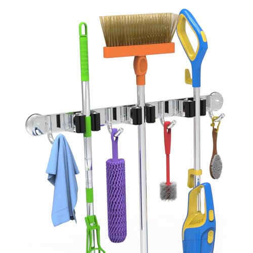 3-H Magnetic Broom Holder Wall Mount 1 Pack, 2-in-1 Dual Mount (No Drill or Screw Fix), 304 Stainless Steel Heavy Duty Magnet Mop Broom Organizer for Kitchen Garden Garage(3 Racks & 4 Hooks,Silver) - color: Silver, size: 1pc & 3R4H