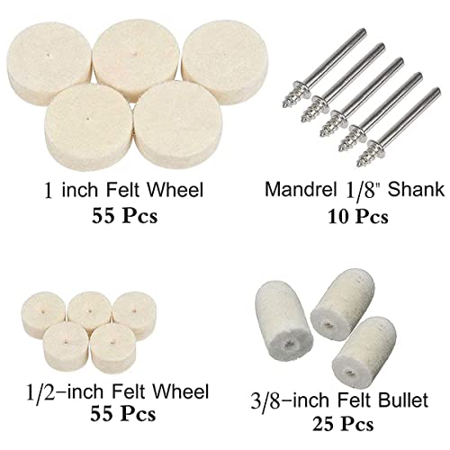 145pcs Felt Polishing Wheel 9.5/13/25mm Wool Felt Polishing Pad Reusable Buffing Wheel Quick Change Grinding with 1/8" Shank Connecting Rod Attachment Set for Rotary Tool