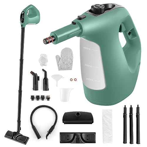 Goplus Multipurpose Handheld Steam Cleaner, Pressurized Steam Cleaner w/ 17 Pieces Accessory Set, 350ml Portable All Natural Chemical-Free Steamer for Home Sofa Upholstery Floor Window Kitchen (Green) - color: Green