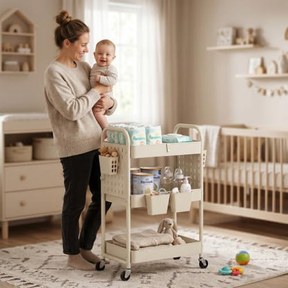 danpinera 3 Tier Rolling Cart with Retractable Dividers, Multi-Functional White Rolling Utility Cart with Pegboards, Hooks & Hanging Cups for Nursery, Living Room, Studio - color: Beige, size: with Dividers