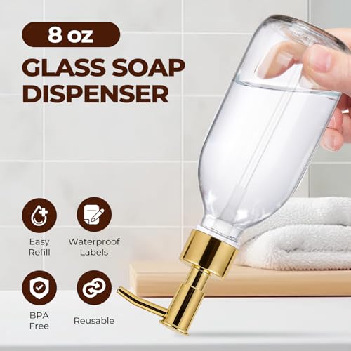 8 oz Clear Glass Pump Bottle, 250ml Small Lotion Dispenser Bottle for Body Massage Oil, Refillable Empty Hand and Dish Soap Dispensers Set with Plastic Golden Pump, Labels - 2 Pack - color: Clear With Golden Pump