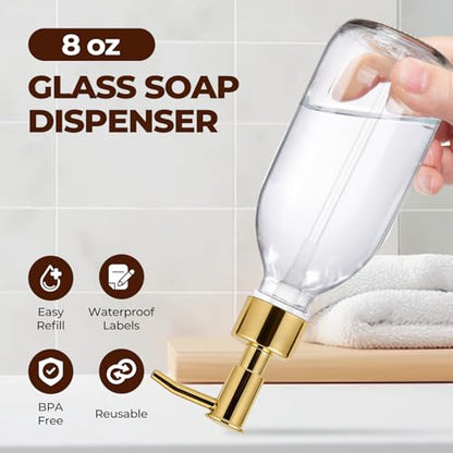 8 oz Clear Glass Pump Bottle, 250ml Small Lotion Dispenser Bottle for Body Massage Oil, Refillable Empty Hand and Dish Soap Dispensers Set with Plastic Golden Pump, Labels - 2 Pack - color: Clear With Golden Pump