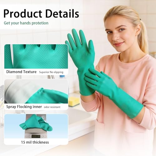 15 Mil Chemical Resistant Nitrile Gloves, Latex free Durable Cleaning Gloves, Resist Acid, Alkali, Solvent and Oil - color: 2 Pair-green, size: Small