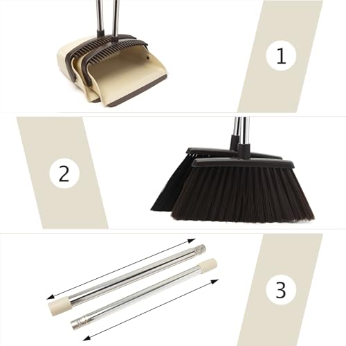 Broom and Dustpan Set, Dustpans with Broom Combo for Home, Heavy Dust Broom and Dustpan Combo, Long Handle Dust Pan and Broom Set for Kitchen, Office, Pet Hair,Beige, Pack of 1 - color: Beige