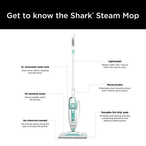 Shark Steam Mop with 2 Machine Washable Dirt Grip Pads, Removable Water Tank, Lightweight, Steam Cleaner for sealed Hard Floors, Marble, Stone, Hardwood, Tile, Laminate, White/Seafoam, S1000 - style: Steam Starter