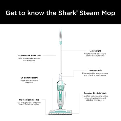 Shark Steam Mop with 2 Machine Washable Dirt Grip Pads, Removable Water Tank, Lightweight, Steam Cleaner for sealed Hard Floors, Marble, Stone, Hardwood, Tile, Laminate, White/Seafoam, S1000 - style: Steam Starter