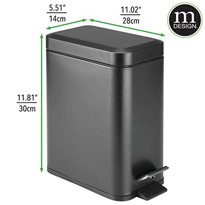 mDesign Small Modern 1.3 Gallon Rectangle Metal Lidded Step Trash Can, Compact Garbage Bin with Removable Liner Bucket and Handle for Bathroom, Kitchen, Craft Room, Office, Garage - Black - color: Black, size: 1.3 Gallon