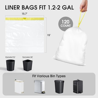 CEROELDA 1.6 Gallon Small Trash Bags, 120 Count Mini Drawstring Garbage Bags Unscented fit 4.5-8 Liter, 1.2-2 Gallon Thick Plastic Wastebasket Liners for Bathroom Bedroom Office Toilet - size: 120 Count