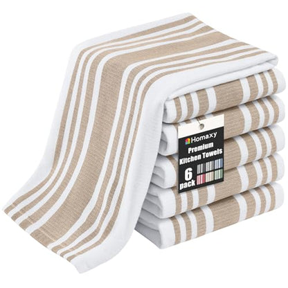 Homaxy Premium Kitchen Towels 18”x 28”, Large Cotton 380 GSM Kitchen Hand Towels, Stripe and Terry Dish Towel, Highly Absorbent Tea Towel Set with Hanging Loop, 6 Pack, Khaki - color: Khaki Stripe, style: 6-pack