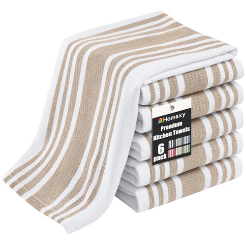 Homaxy Premium Kitchen Towels 18”x 28”, Large Cotton 380 GSM Kitchen Hand Towels, Stripe and Terry Dish Towel, Highly Absorbent Tea Towel Set with Hanging Loop, 6 Pack, Khaki - color: Khaki Stripe, style: 6-pack