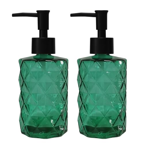 Green Bathroom Soap Dispenser Set with Black Plastic Pump, 12oz Glass Lotion Dispenser, Crystal Hand Soap Dispenser for Modern Home Decor, Kitchen Countertop, Hotel - color: Dark Green