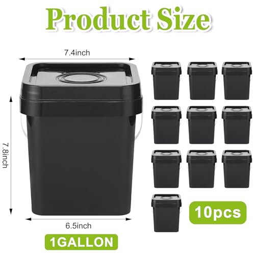 Suzile 10 Pcs Food Grade Square Bucket with Lid 1 Gallon Plastic Bucket 4.5L Utility Industrial Pail with Handle Container for Food Oil Tub Water Fishing Paint House Cleaning Car Washing (Black) - color: Black