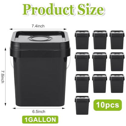 Suzile 10 Pcs Food Grade Square Bucket with Lid 1 Gallon Plastic Bucket 4.5L Utility Industrial Pail with Handle Container for Food Oil Tub Water Fishing Paint House Cleaning Car Washing (Black) - color: Black