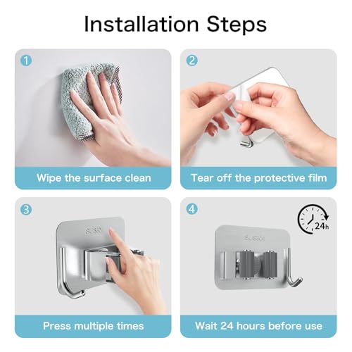 nacena 4 Pack No Drill Self Adhesive Broom Mop Holder Wall Mount with Hooks, Heavy Duty Stainless Steel Organizer for Kitchen Bathroom Garage Storage,Silver - color: Brushed Nickel-4 Packs