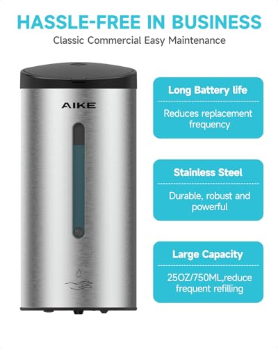 AIKE Automatic Wall Mount Liquid Soap Dispenser, Commercial Stainless Steel with 25oz Large Capacity Save Time Effort and Cost,Model AK1205(Brushed) - color: Brushed Stainless Steel